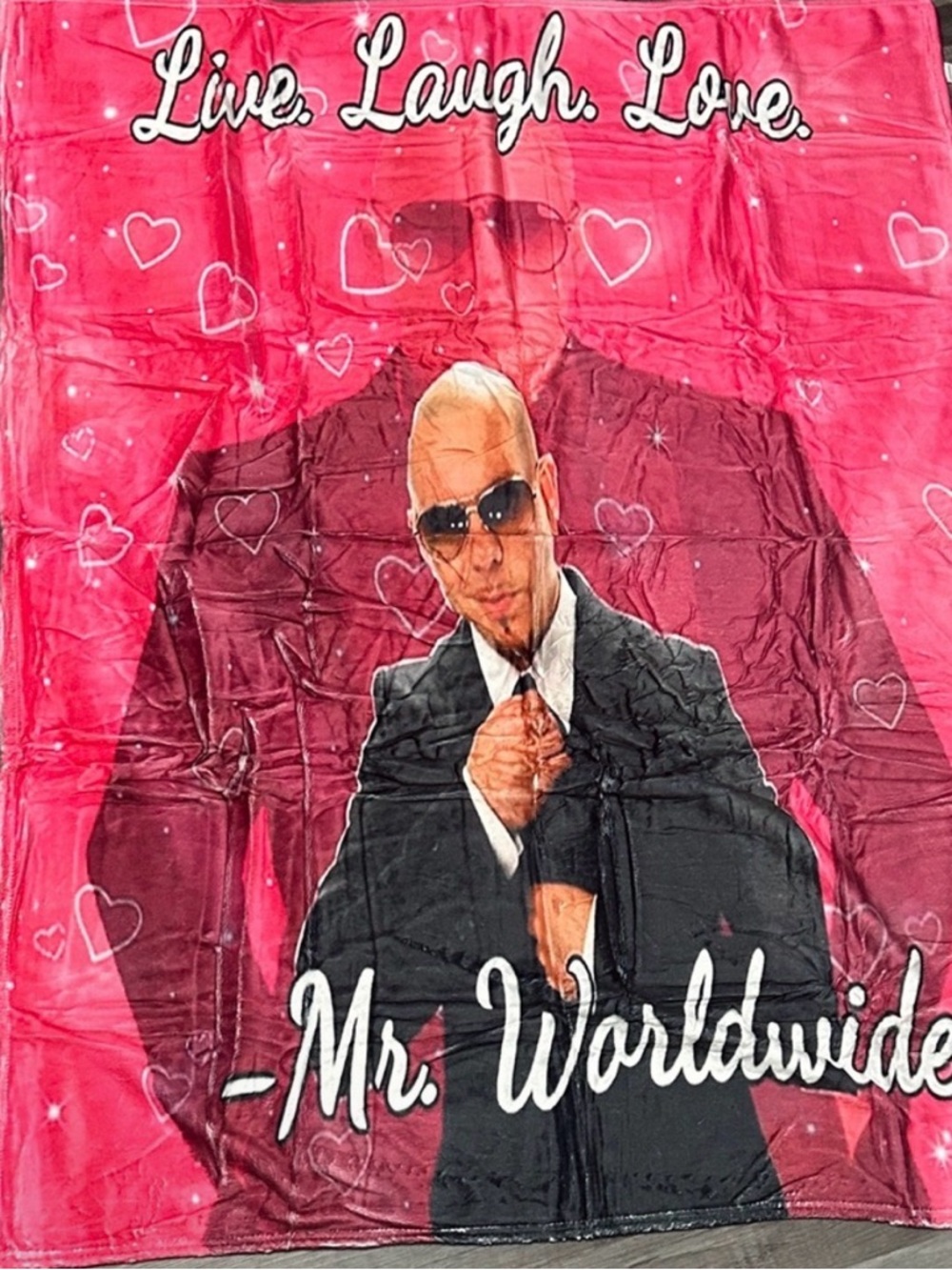 Pink "Mr. Worldwide" Graphic Blanket - Live Laugh Love Pitbull
